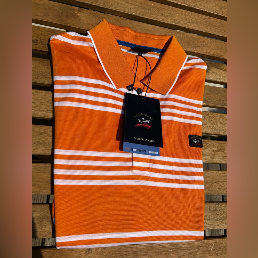 Paul & Shark Orange and White Polo Shirt Sporty Stripes
